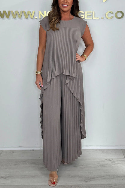 🎀2025 New Arrivals Limited Time 50% OFF👗Laney Pleated Short Sleeve Irregular Midi Top and Elastic Waist Wide Leg Pants Set✨