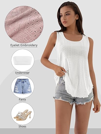 🔥50% OFF🔥Womens Tank Tops Sleeveless EyeletEmbroidery Scoop Neck Loose Fit Casual SummerFlowy