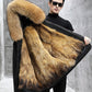 Genuine luxury-Men's Leather Fox Fur Mid-Length Hooded Fur Coat