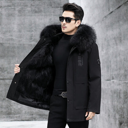 Genuine luxury-Men's Leather Fox Fur Mid-Length Hooded Fur Coat