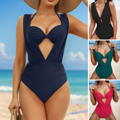 🏖️Last Day Special Sale 50% OFF🩱Women's Underwire Tummy Control One Piece Halter Plunging Neck Swimsuit