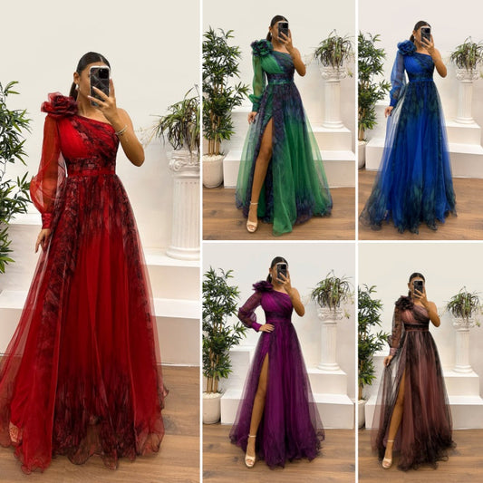 🎉🛍️Hot Promotion 50% OFF💃Women's Fashion Slant Shoulder Mesh Printed Dresses