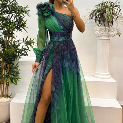 🎉🛍️Hot Promotion 50% OFF💃Women's Fashion Slant Shoulder Mesh Printed Dresses