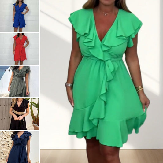 🎉Summer New Arrivals👗Women's Elegant Waist Tie V-Neck Ruffle Dress