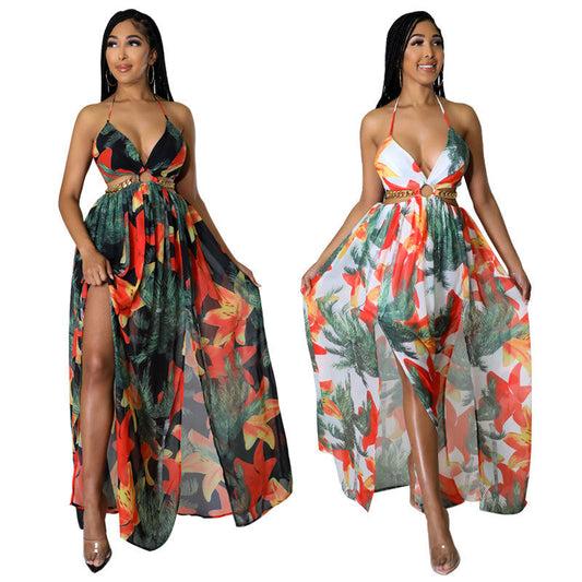 🎉🛍️Hot Promotion 50% OFF 👗Women's Floral Print Chain Decor Split Thigh Tie Back Cami Dress