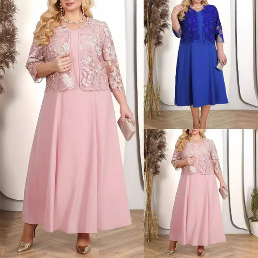 👑50% OFF🎁Haute Couture luxury|Lace embroidered jacket × satin solid evening dress set