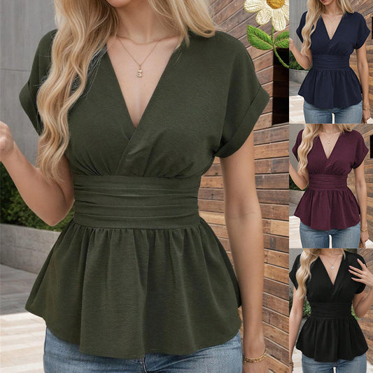 👗Women's V-neck Waist-slimming Solid Color Plunging Sleeve Skirt Pleated T-Shirt