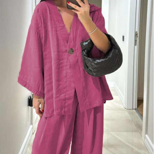 🎉Women's V-Neck Top & Wide-Leg Pants Solid Color 2-Piece Set