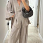 🎉Women's V-Neck Top & Wide-Leg Pants Solid Color 2-Piece Set