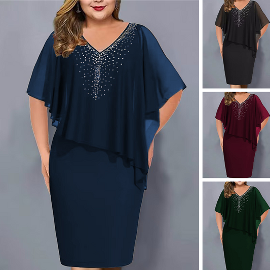 👗Rhinestone V-Neck Cape Dress with Chiffon Overlay
