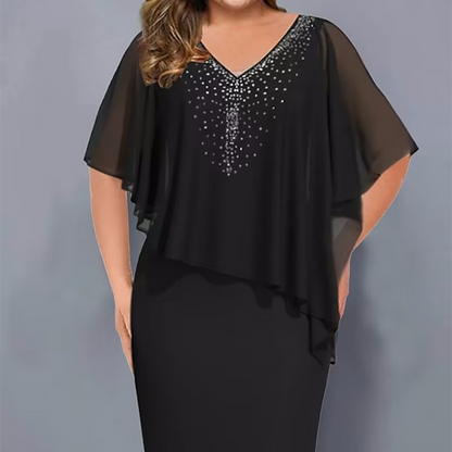 👗Rhinestone V-Neck Cape Dress with Chiffon Overlay