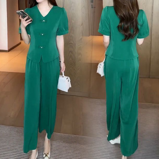 🛍️50% OFF💖V-Neck Short Sleeve Top & Matching Wide-Leg Pants 2-Piece Set for Women