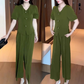 🛍️50% OFF💖V-Neck Short Sleeve Top & Matching Wide-Leg Pants 2-Piece Set for Women