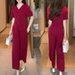 🛍️50% OFF💖V-Neck Short Sleeve Top & Matching Wide-Leg Pants 2-Piece Set for Women