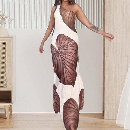 ✨50% OFF Sale✨Palm Print One-Shoulder Slim Maxi Dress