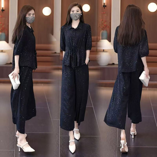 ✨Fashion Solid Color Sparkle Shirt & Wide-Leg Pants Set