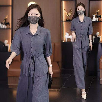 ✨Fashion Solid Color Sparkle Shirt & Wide-Leg Pants Set